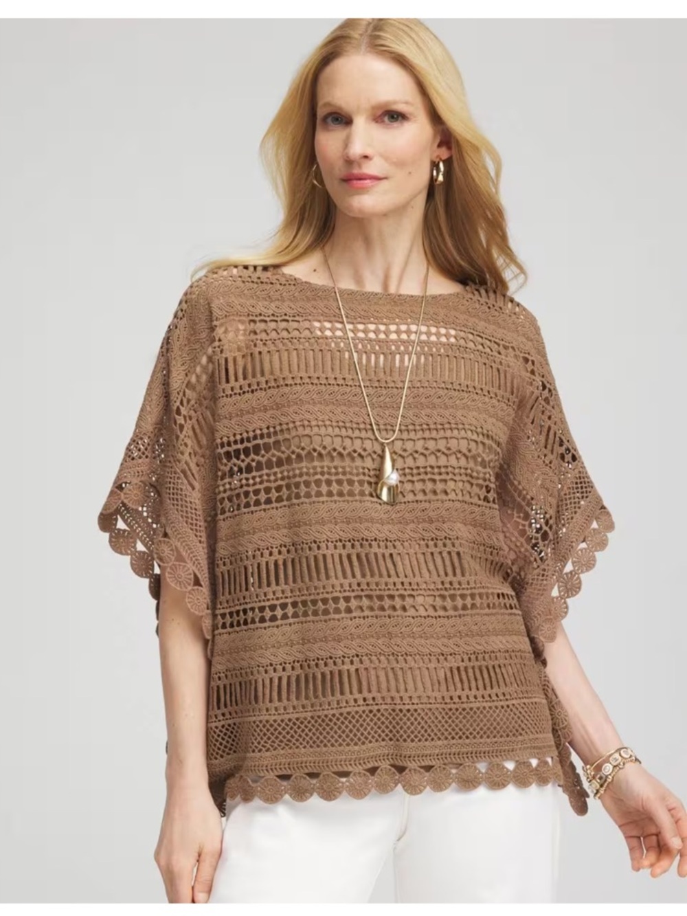 Chicos Crochet Lace Poncho in Brown